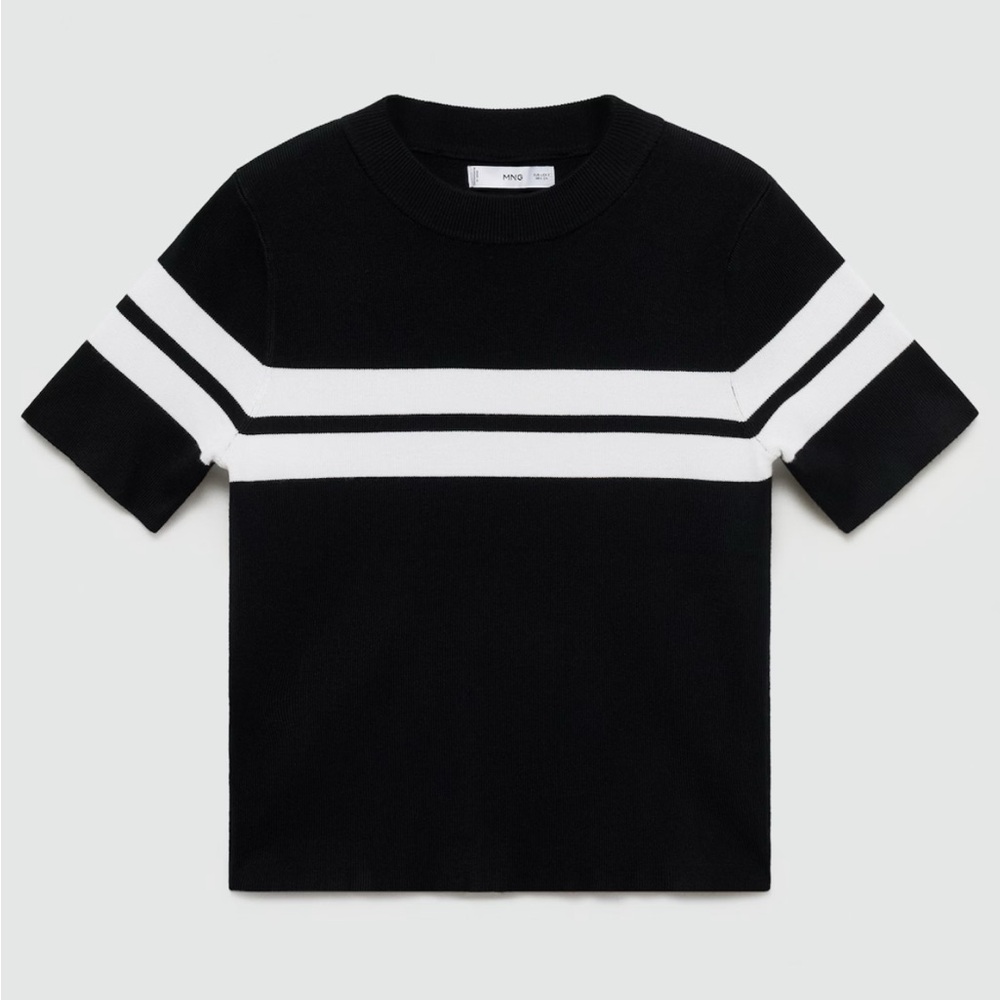 Mango Black Short-Sleeve Stripe Knit Sweater
